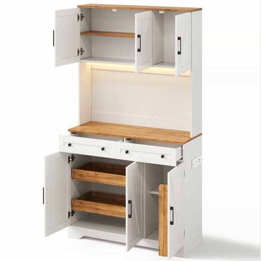 Armário de cozinha 180 x 100 x 40 cm u2013 com iluminação LED, tomadas, organizador extraível e prateleiras na porta u2013 Natural e branco Armário de cozinha 180 x 100 x 40 cm u2013 com iluminação LED, tomadas, organizador extraível e prateleiras na porta u2013 Natural e branco