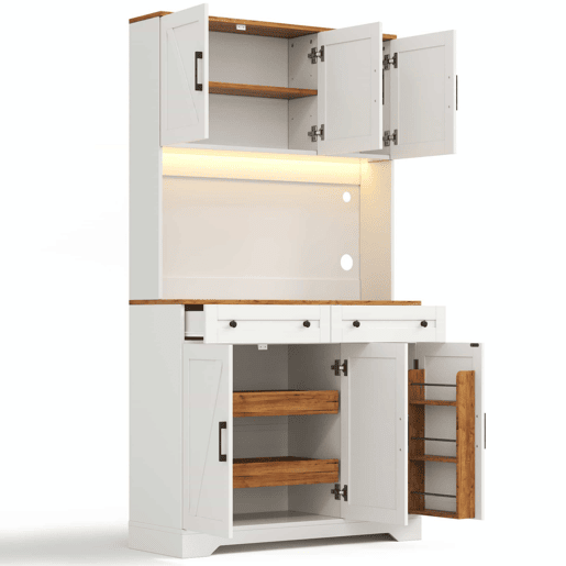 Armário de cozinha 180 x 100 x 40 cm u2013 com iluminação LED, tomadas, organizador extraível e prateleiras na porta u2013 Natural e branco Armário de cozinha 180 x 100 x 40 cm u2013 com iluminação LED, tomadas, organizador extraível e prateleiras na porta u2013 Natural e branco