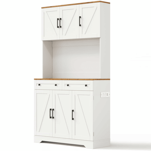 Armário de cozinha 180 x 100 x 40 cm u2013 com iluminação LED, tomadas, organizador extraível e prateleiras na porta u2013 Natural e branco Armário de cozinha 180 x 100 x 40 cm u2013 com iluminação LED, tomadas, organizador extraível e prateleiras na porta u2013 Natural e branco