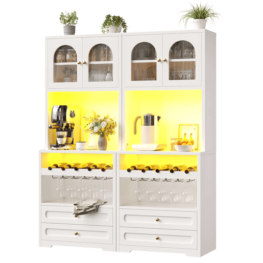 Armário alto de cozinha 70x40x180 cm - Portas de vidro curvas, LED inteligente com app e sincronização musical, prateleiras ajustáveis, suporte para garrafas e USB - Branco