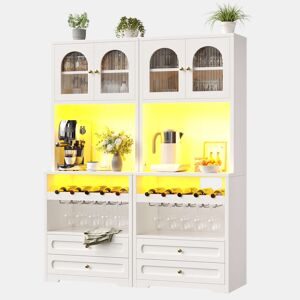 Armário alto de cozinha 70x40x180 cm - Portas de vidro curvas, LED inteligente com app e sincronização musical, prateleiras ajustáveis, suporte para garrafas e USB - Branco