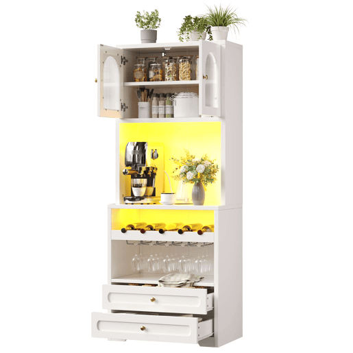 Armário alto de cozinha 70x40x180 cm - Portas de vidro curvas, LED inteligente com app e sincronização musical, prateleiras ajustáveis, suporte para garrafas e USB - Branco