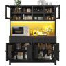 Armário de cozinha 140 x 38,5 x 180 cm - Vitrina com portas de vidro, LED RGB com aplicação, 4 gavetas, prateleiras ajustáveis, capacidade de carga de 100 kg - Preto