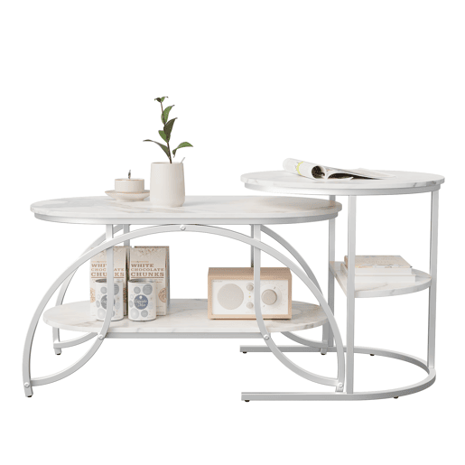 Conjunto de 2 mesas de centro brancas, 80 × 46 × 51 cm, com estrutura metálica adequado para a sala de estar.