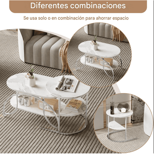 Conjunto de 2 mesas de centro brancas, 80 × 46 × 51 cm, com estrutura metálica adequado para a sala de estar.