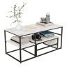 Mesa de centro 2 em 1 de 105 cm com acabamento efeito mármore branco, estrutura metálica, mesa lateral desmontável e prateleiras para sala de estar