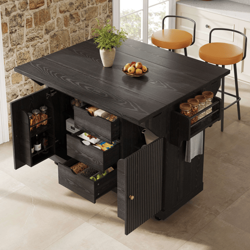 Carrinho de cozinha de 95 cm - Extensível, com gavetas, bancada e rodas com travão - Preto