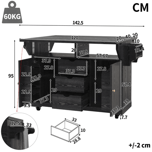 Carrinho de cozinha de 95 cm - Extensível, com gavetas, bancada e rodas com travão - Preto