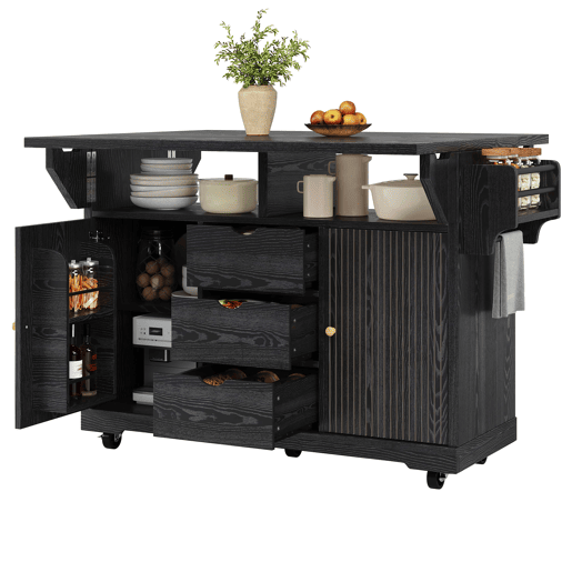 Carrinho de cozinha de 95 cm - Extensível, com gavetas, bancada e rodas com travão - Preto