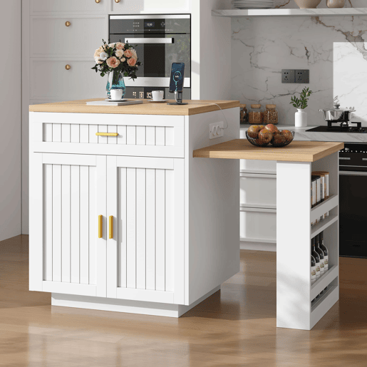 Ilha de cozinha extensível 121,5u2013192 cm u2014 com tomada integrada, portas com ranhuras verticais, 1 gaveta e prateleiras u2014 Branco Ilha de cozinha extensível 121,5u2013192 cm u2014 com tomada integrada, portas com ranhuras verticais, 1 gaveta e prateleiras u2014 Branco