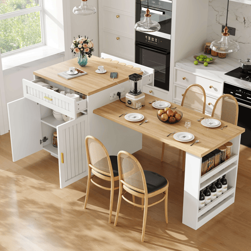 Ilha de cozinha extensível 121,5u2013192 cm u2014 com tomada integrada, portas com ranhuras verticais, 1 gaveta e prateleiras u2014 Branco Ilha de cozinha extensível 121,5u2013192 cm u2014 com tomada integrada, portas com ranhuras verticais, 1 gaveta e prateleiras u2014 Branco
