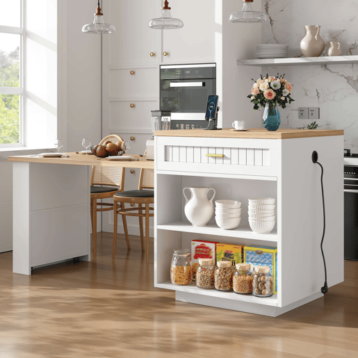 Ilha de cozinha extensível 121,5u2013192 cm u2014 com tomada integrada, portas com ranhuras verticais, 1 gaveta e prateleiras u2014 Branco Ilha de cozinha extensível 121,5u2013192 cm u2014 com tomada integrada, portas com ranhuras verticais, 1 gaveta e prateleiras u2014 Branco