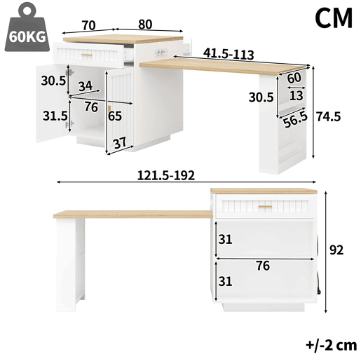 Ilha de cozinha extensível 121,5u2013192 cm u2014 com tomada integrada, portas com ranhuras verticais, 1 gaveta e prateleiras u2014 Branco Ilha de cozinha extensível 121,5u2013192 cm u2014 com tomada integrada, portas com ranhuras verticais, 1 gaveta e prateleiras u2014 Branco