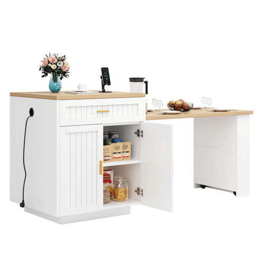 Ilha de cozinha extensível 121,5u2013192 cm u2014 com tomada integrada, portas com ranhuras verticais, 1 gaveta e prateleiras u2014 Branco Ilha de cozinha extensível 121,5u2013192 cm u2014 com tomada integrada, portas com ranhuras verticais, 1 gaveta e prateleiras u2014 Branco