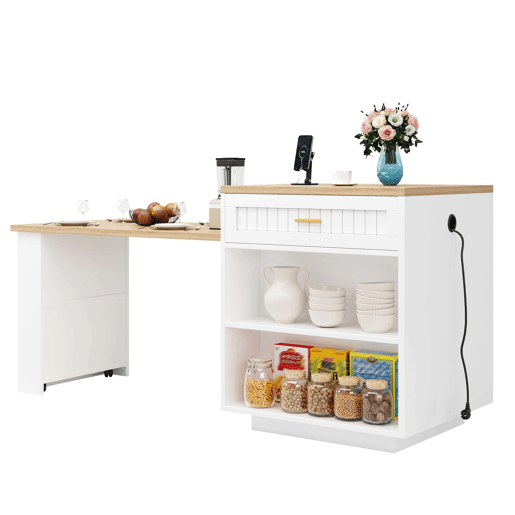Ilha de cozinha extensível 121,5u2013192 cm u2014 com tomada integrada, portas com ranhuras verticais, 1 gaveta e prateleiras u2014 Branco Ilha de cozinha extensível 121,5u2013192 cm u2014 com tomada integrada, portas com ranhuras verticais, 1 gaveta e prateleiras u2014 Branco