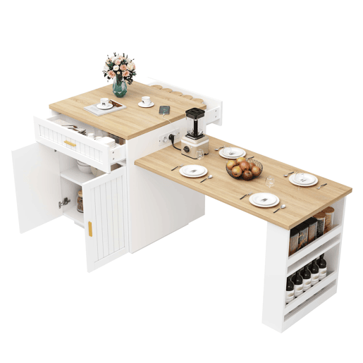 Ilha de cozinha extensível 121,5u2013192 cm u2014 com tomada integrada, portas com ranhuras verticais, 1 gaveta e prateleiras u2014 Branco Ilha de cozinha extensível 121,5u2013192 cm u2014 com tomada integrada, portas com ranhuras verticais, 1 gaveta e prateleiras u2014 Branco
