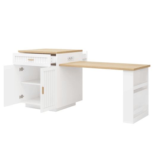 Ilha de cozinha extensível 121,5u2013192 cm u2014 com tomada integrada, portas com ranhuras verticais, 1 gaveta e prateleiras u2014 Branco Ilha de cozinha extensível 121,5u2013192 cm u2014 com tomada integrada, portas com ranhuras verticais, 1 gaveta e prateleiras u2014 Branco