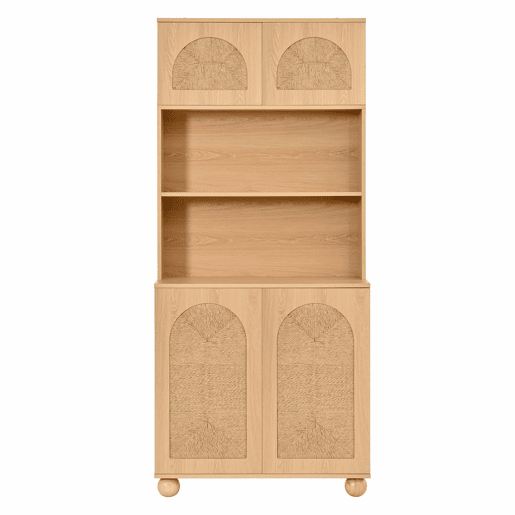 Aparador de 150 cm - portas em rede de corda, vitrina com três compartimentos, armário de arrumação com pés redondos em madeira de pinho - Natural Aparador de 150 cm - portas em rede de corda, vitrina com três compartimentos, armário de arrumação com pés redondos em madeira de pinho - Natural