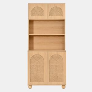 Aparador de 150 cm - portas em rede de corda, vitrina com três compartimentos, armário de arrumação com pés redondos em madeira de pinho - Natural