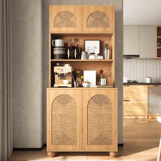 Aparador de 150 cm - portas em rede de corda, vitrina com três compartimentos, armário de arrumação com pés redondos em madeira de pinho - Natural Aparador de 150 cm - portas em rede de corda, vitrina com três compartimentos, armário de arrumação com pés redondos em madeira de pinho - Natural