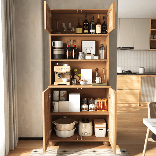 Aparador de 150 cm - portas em rede de corda, vitrina com três compartimentos, armário de arrumação com pés redondos em madeira de pinho - Natural Aparador de 150 cm - portas em rede de corda, vitrina com três compartimentos, armário de arrumação com pés redondos em madeira de pinho - Natural