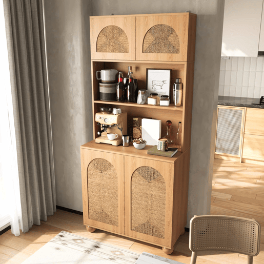 Aparador de 150 cm - portas em rede de corda, vitrina com três compartimentos, armário de arrumação com pés redondos em madeira de pinho - Natural Aparador de 150 cm - portas em rede de corda, vitrina com três compartimentos, armário de arrumação com pés redondos em madeira de pinho - Natural