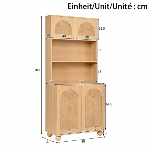 Aparador de 150 cm - portas em rede de corda, vitrina com três compartimentos, armário de arrumação com pés redondos em madeira de pinho - Natural Aparador de 150 cm - portas em rede de corda, vitrina com três compartimentos, armário de arrumação com pés redondos em madeira de pinho - Natural