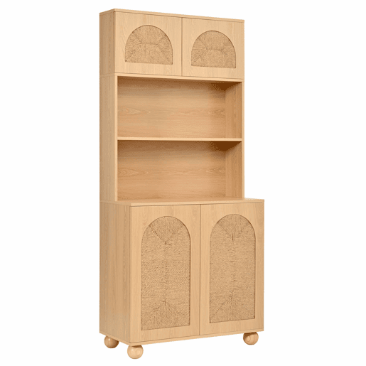 Aparador de 150 cm - portas em rede de corda, vitrina com três compartimentos, armário de arrumação com pés redondos em madeira de pinho - Natural Aparador de 150 cm - portas em rede de corda, vitrina com três compartimentos, armário de arrumação com pés redondos em madeira de pinho - Natural