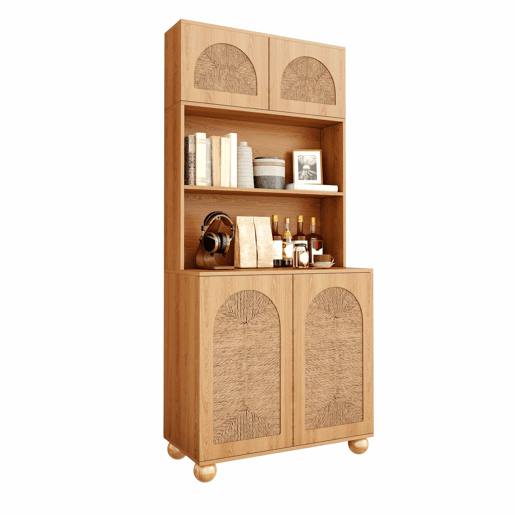 Aparador de 150 cm - portas em rede de corda, vitrina com três compartimentos, armário de arrumação com pés redondos em madeira de pinho - Natural Aparador de 150 cm - portas em rede de corda, vitrina com três compartimentos, armário de arrumação com pés redondos em madeira de pinho - Natural