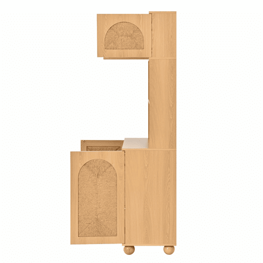 Aparador de 150 cm - portas em rede de corda, vitrina com três compartimentos, armário de arrumação com pés redondos em madeira de pinho - Natural Aparador de 150 cm - portas em rede de corda, vitrina com três compartimentos, armário de arrumação com pés redondos em madeira de pinho - Natural