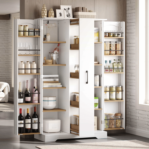 Armário de cozinha 150 × 78 × 40 cm u2014 com prateleira para especiarias, porta dupla, gaveta vertical com 4 níveis e prateleiras ajustáveis u2014 branco