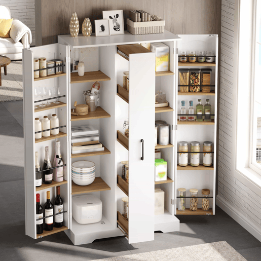 Armário de cozinha 150 × 78 × 40 cm u2014 com prateleira para especiarias, porta dupla, gaveta vertical com 4 níveis e prateleiras ajustáveis u2014 branco