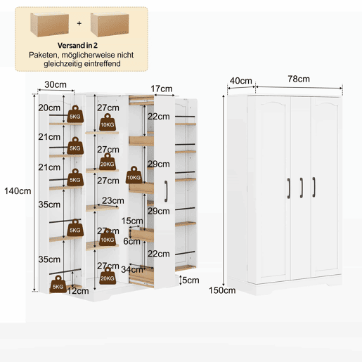 Armário de cozinha 150 × 78 × 40 cm u2014 com prateleira para especiarias, porta dupla, gaveta vertical com 4 níveis e prateleiras ajustáveis u2014 branco