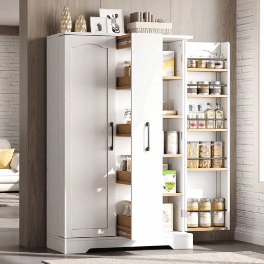 Armário de cozinha 120 × 78 × 35 cm u2014 com prateleira para especiarias, porta dupla, gaveta vertical extraível com 4 níveis e prateleiras ajustáveis u2014 branco Armário de cozinha 120 × 78 × 35 cm u2014 com prateleira para especiarias, porta dupla, gaveta vertical extraível com 4 níveis e prateleiras ajustáveis u2014 branco