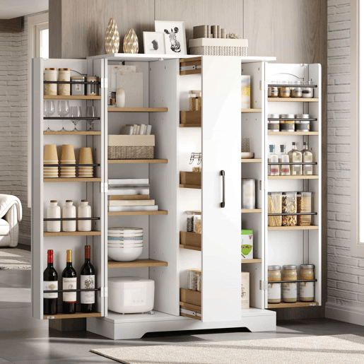 Armário de cozinha 120 × 78 × 35 cm u2014 com prateleira para especiarias, porta dupla, gaveta vertical extraível com 4 níveis e prateleiras ajustáveis u2014 branco Armário de cozinha 120 × 78 × 35 cm u2014 com prateleira para especiarias, porta dupla, gaveta vertical extraível com 4 níveis e prateleiras ajustáveis u2014 branco