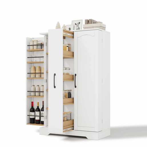 Armário de cozinha 120 × 78 × 35 cm u2014 com prateleira para especiarias, porta dupla, gaveta vertical extraível com 4 níveis e prateleiras ajustáveis u2014 branco Armário de cozinha 120 × 78 × 35 cm u2014 com prateleira para especiarias, porta dupla, gaveta vertical extraível com 4 níveis e prateleiras ajustáveis u2014 branco