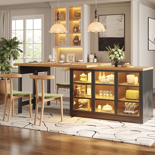 Ilha de cozinha extensível de 120 cm u2013 giratória a 360°, sistema de iluminação RGB inteligente, combinação de mesa e armário auxiliar multifuncional u2013 Preto