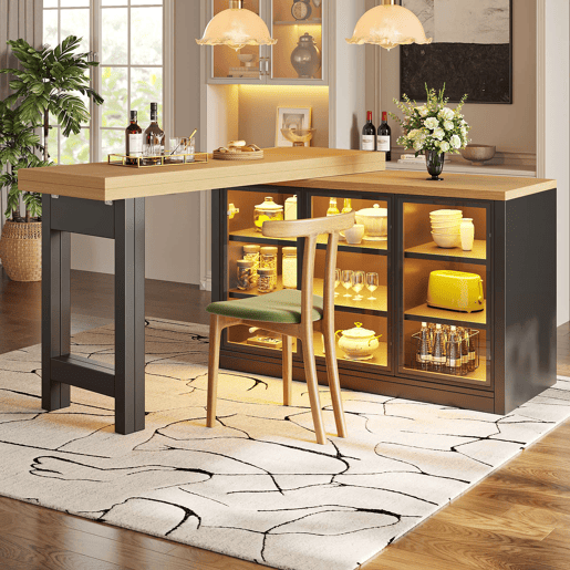 Ilha de cozinha extensível de 120 cm u2013 giratória a 360°, sistema de iluminação RGB inteligente, combinação de mesa e armário auxiliar multifuncional u2013 Preto