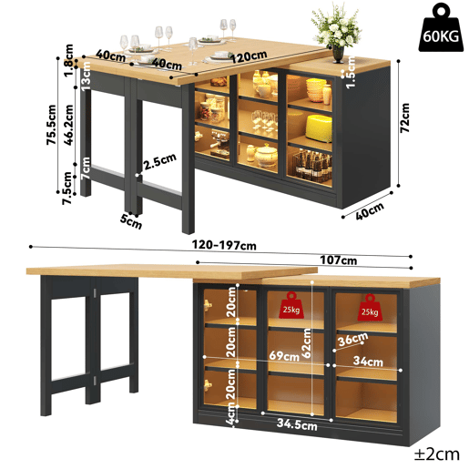 Ilha de cozinha extensível de 120 cm u2013 giratória a 360°, sistema de iluminação RGB inteligente, combinação de mesa e armário auxiliar multifuncional u2013 Preto