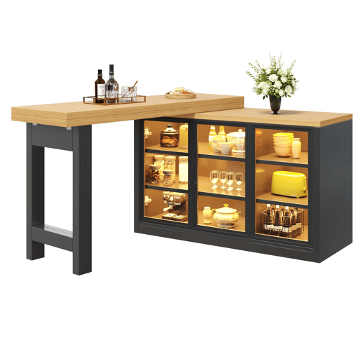 Ilha de cozinha extensível de 120 cm u2013 giratória a 360°, sistema de iluminação RGB inteligente, combinação de mesa e armário auxiliar multifuncional u2013 Preto