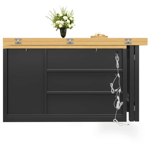 Ilha de cozinha extensível de 120 cm u2013 giratória a 360°, sistema de iluminação RGB inteligente, combinação de mesa e armário auxiliar multifuncional u2013 Preto