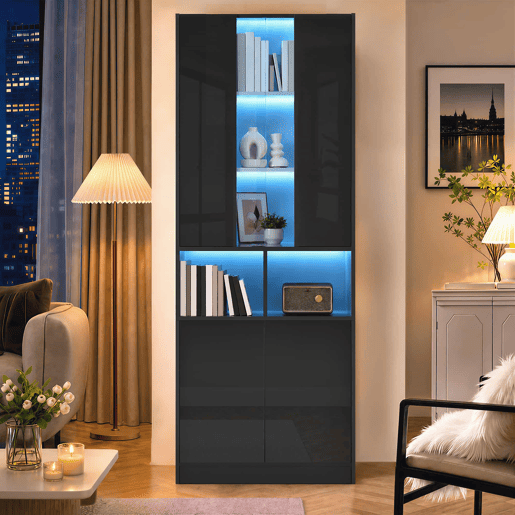 Armário alto com LED de 180 cm - Portas duplas, vitrina acrílica, luz regulável por app, prateleiras ajustáveis - Preto Armário alto com LED de 180 cm - Portas duplas, vitrina acrílica, luz regulável por app, prateleiras ajustáveis - Preto