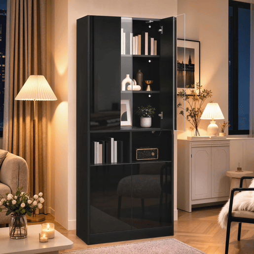 Armário alto com LED de 180 cm - Portas duplas, vitrina acrílica, luz regulável por app, prateleiras ajustáveis - Preto Armário alto com LED de 180 cm - Portas duplas, vitrina acrílica, luz regulável por app, prateleiras ajustáveis - Preto