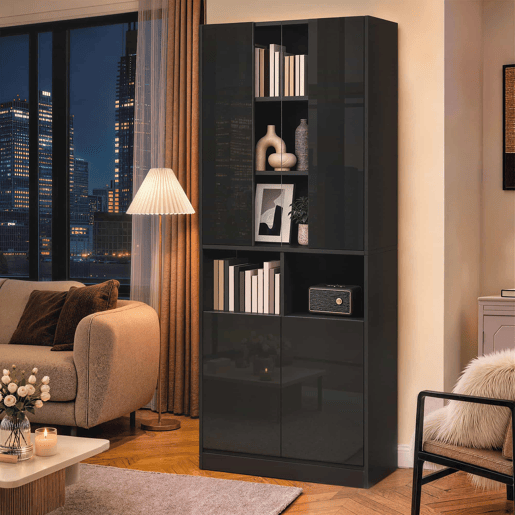 Armário alto com LED de 180 cm - Portas duplas, vitrina acrílica, luz regulável por app, prateleiras ajustáveis - Preto Armário alto com LED de 180 cm - Portas duplas, vitrina acrílica, luz regulável por app, prateleiras ajustáveis - Preto