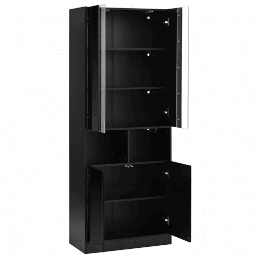 Armário alto com LED de 180 cm - Portas duplas, vitrina acrílica, luz regulável por app, prateleiras ajustáveis - Preto Armário alto com LED de 180 cm - Portas duplas, vitrina acrílica, luz regulável por app, prateleiras ajustáveis - Preto