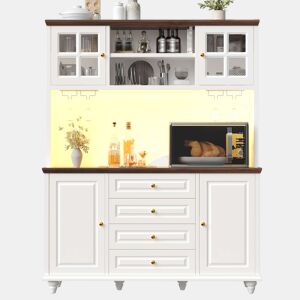Aparador de cozinha 140 x 40 x 179,5 cm - LED RGB, prateleiras ajustáveis, suporte metálico para copos, arrumação moderna - Branco