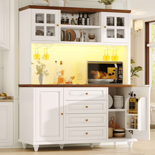 Aparador de cozinha 140 x 40 x 179,5 cm - LED RGB, prateleiras ajustáveis, suporte metálico para copos, arrumação moderna - Branco Aparador de cozinha 140 x 40 x 179,5 cm - LED RGB, prateleiras ajustáveis, suporte metálico para copos, arrumação moderna - Branco