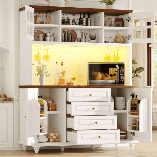 Aparador de cozinha 140 x 40 x 179,5 cm - LED RGB, prateleiras ajustáveis, suporte metálico para copos, arrumação moderna - Branco Aparador de cozinha 140 x 40 x 179,5 cm - LED RGB, prateleiras ajustáveis, suporte metálico para copos, arrumação moderna - Branco