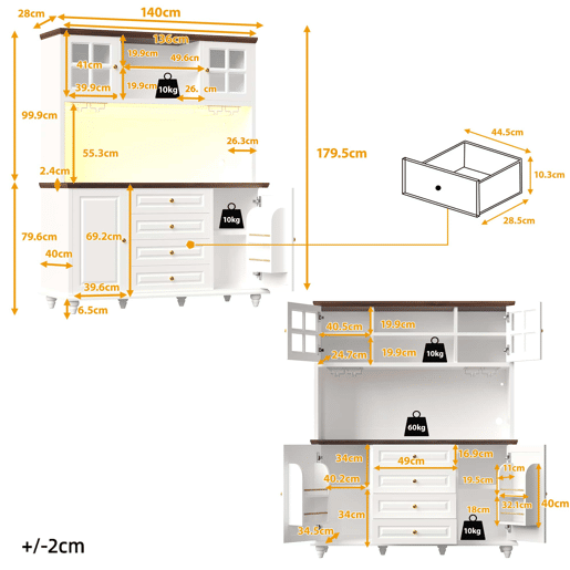 Aparador de cozinha 140 x 40 x 179,5 cm - LED RGB, prateleiras ajustáveis, suporte metálico para copos, arrumação moderna - Branco Aparador de cozinha 140 x 40 x 179,5 cm - LED RGB, prateleiras ajustáveis, suporte metálico para copos, arrumação moderna - Branco