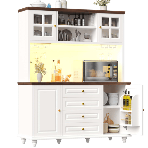 Aparador de cozinha 140 x 40 x 179,5 cm - LED RGB, prateleiras ajustáveis, suporte metálico para copos, arrumação moderna - Branco Aparador de cozinha 140 x 40 x 179,5 cm - LED RGB, prateleiras ajustáveis, suporte metálico para copos, arrumação moderna - Branco